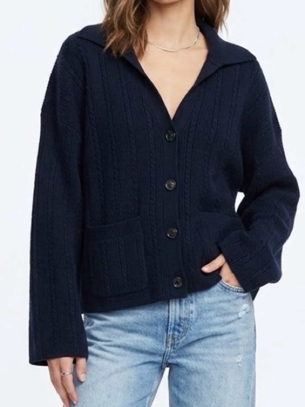 rag & bone Navy Cable-Knit Button Cardigan wool blend super soft